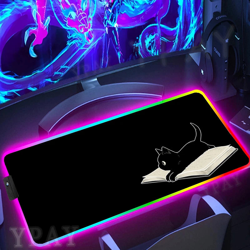 Alfombrilla de ratón RGB con diseño de gato negro, alfombrilla de ratón para juegos con luz LED para PC XXL retroiluminada.