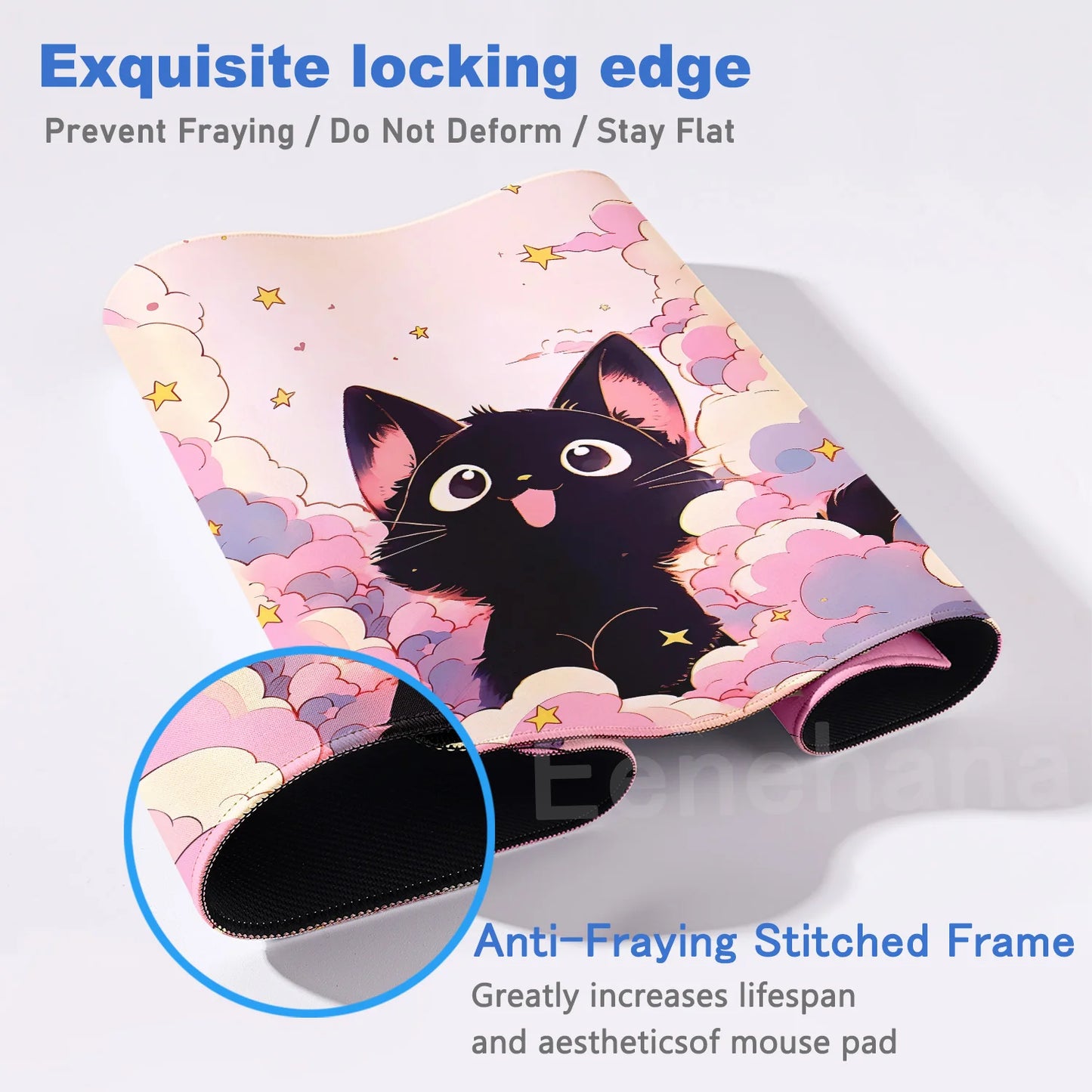 Alfombrilla de ratón con diseño de gato negro en las nubes, estilo kawaii