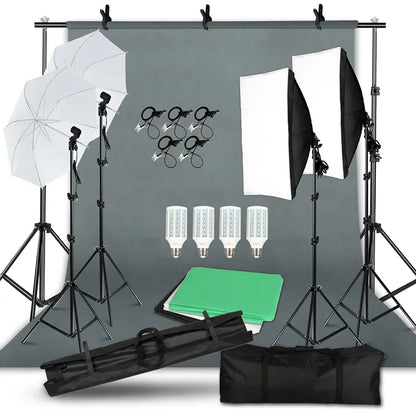 Kit de iluminación para estudio fotográfico con softbox, marco de fondo de 2,6 x 3 m, 3 fondos, trípode, tablero reflector y 4 paraguas.