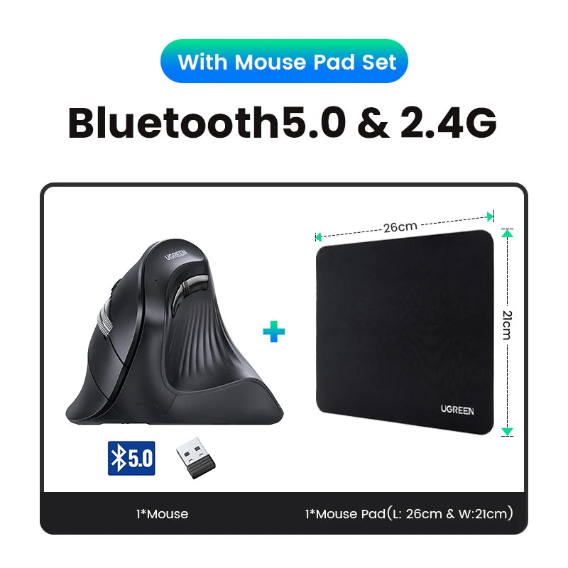 Ratón vertical UGREEN inalámbrico Bluetooth 5.0 2.4G ergonómico 4000DPI 6 botones de silencio para MacBook, tabletas, portátiles, ordenadores y PC.