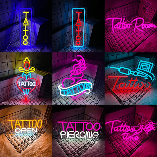 Letrero de neón para tatuajes, letreros de neón LED reutilizables, letrero para tienda de tatuajes, estudio, placa de tienda, regalo para decoración de pared, alimentación por USB