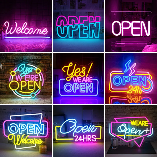 Letrero de neón abierto con luces LED para decoración de habitaciones, para negocios, tiendas, clubes, salones, letrero publicitario brillante con alimentación USB, logotipo artístico.