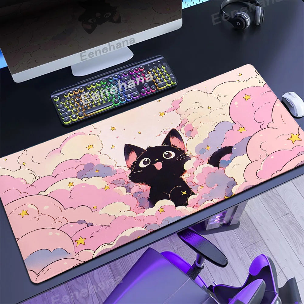 Alfombrilla de ratón con diseño de gato negro en las nubes, estilo kawaii