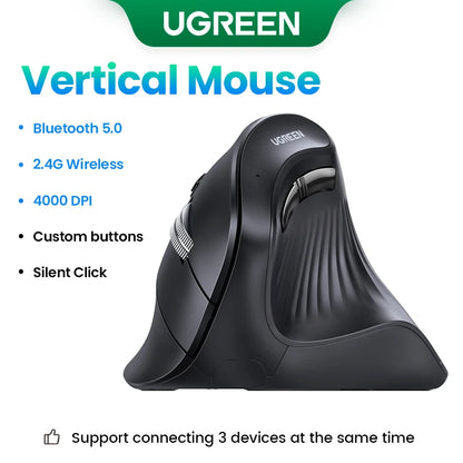 Ratón vertical UGREEN inalámbrico Bluetooth 5.0 2.4G ergonómico 4000DPI 6 botones de silencio para MacBook, tabletas, portátiles, ordenadores y PC.