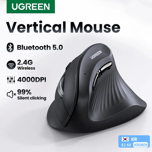 Ratón vertical UGREEN inalámbrico Bluetooth 5.0 2.4G ergonómico 4000DPI 6 botones de silencio para MacBook, tabletas, portátiles, ordenadores y PC.