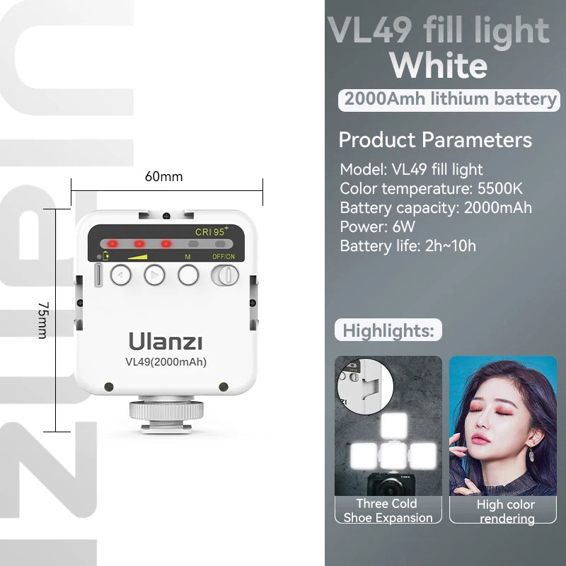 Mini luz de relleno LED Ulanzi VL49 de 6 W y 2000 mAh, 5500 K, con zoom, para fotografía, video, selfis y teléfonos.