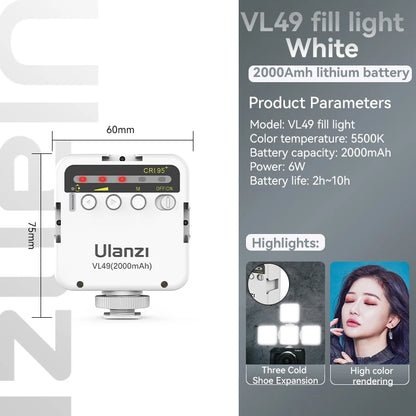 Mini luz de relleno LED Ulanzi VL49 de 6 W y 2000 mAh, 5500 K, con zoom, para fotografía, video, selfis y teléfonos.