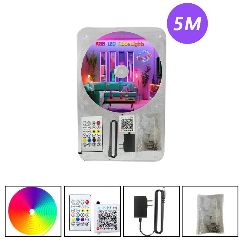 Tira de luz LED de neón RGB 3535 con enchufe europeo, 24 V CC, 5/10/15/20/30 m, sincronización de música por Bluetooth, resistente al agua para decoración de interiores y exteriores