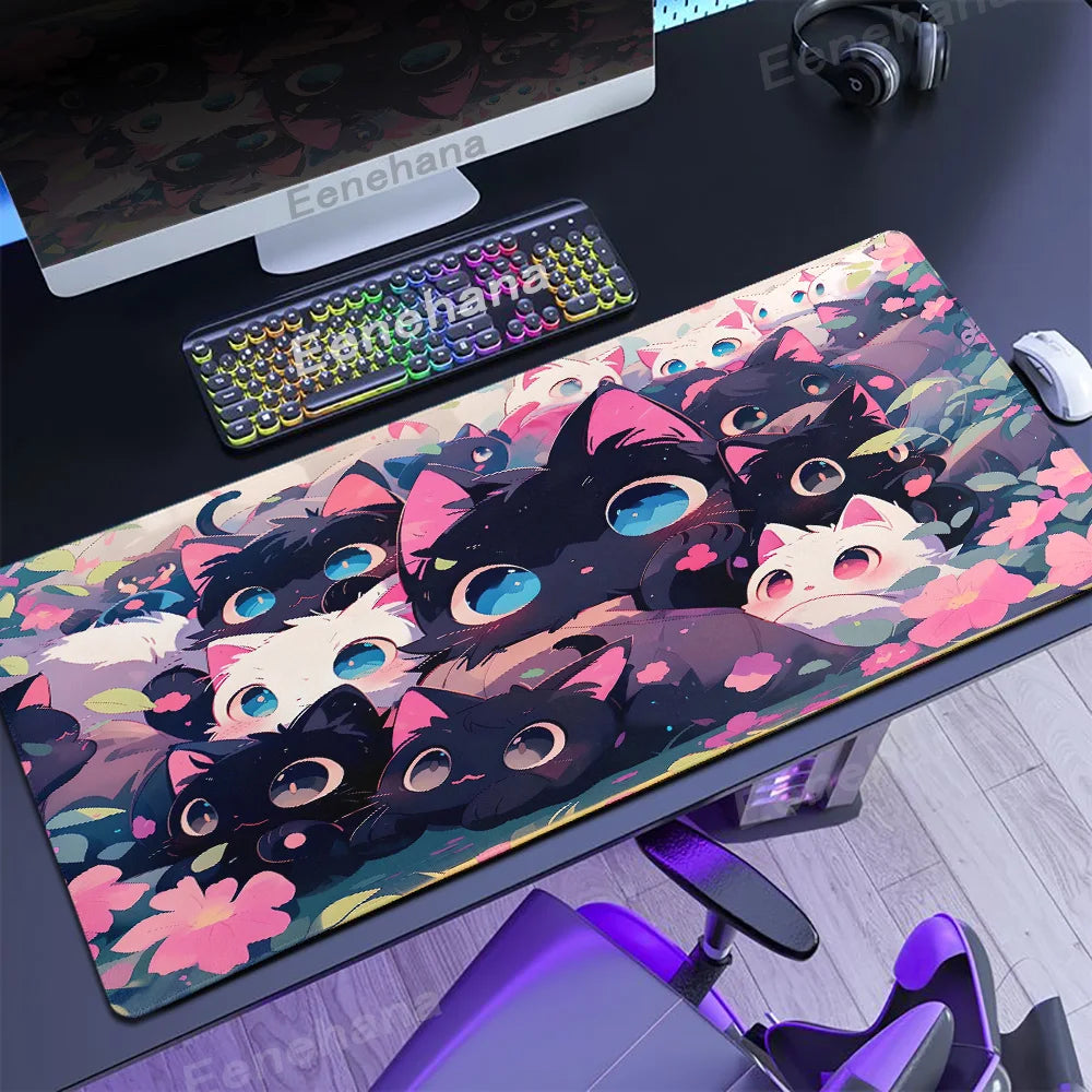 Alfombrilla de ratón con diseño de gato negro en las nubes, estilo kawaii