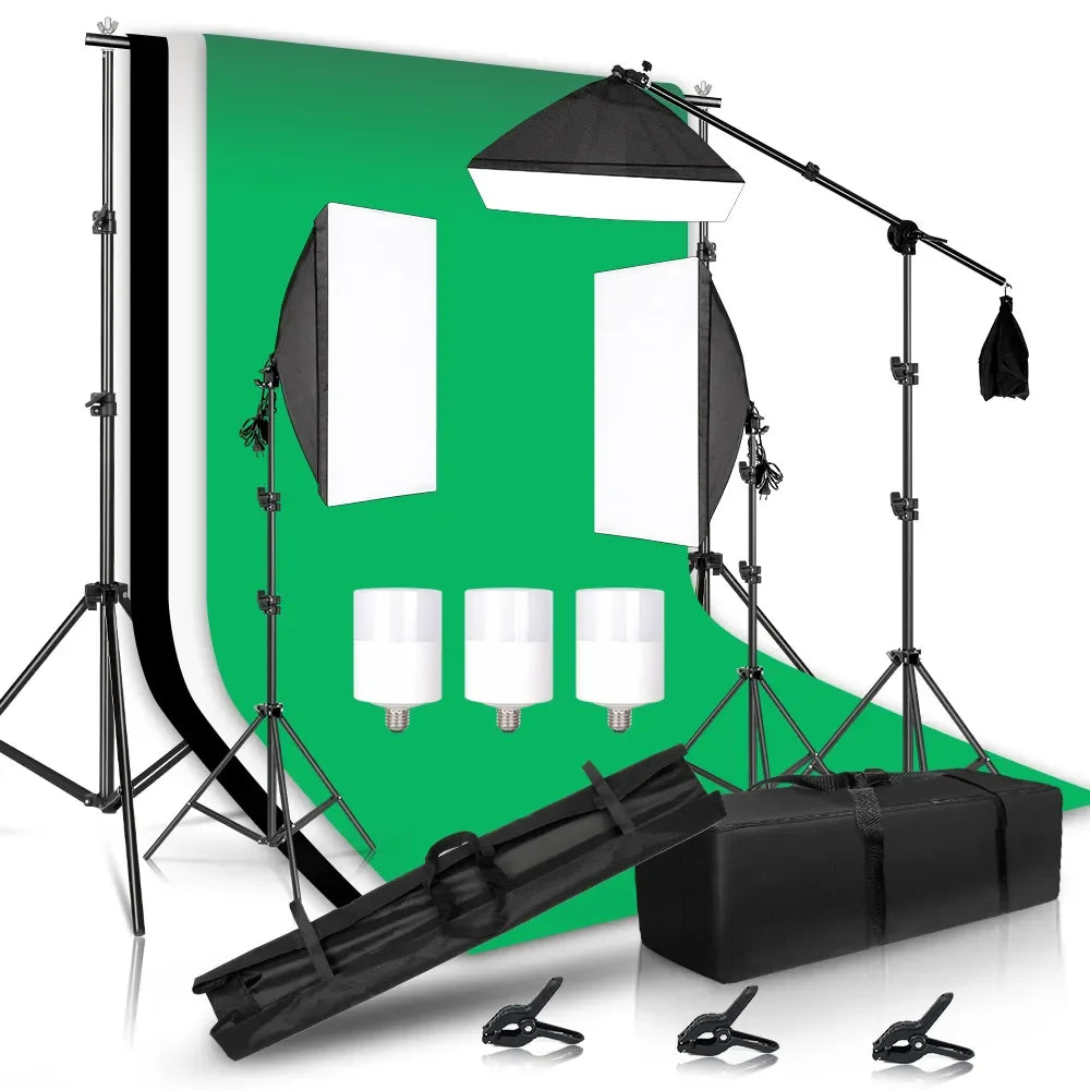 Kit de iluminación para estudio fotográfico con softbox, marco de fondo de 2,6 x 3 m, 3 fondos, trípode, tablero reflector y 4 paraguas.