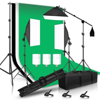 Kit de iluminación para estudio fotográfico con softbox, marco de fondo de 2,6 x 3 m, 3 fondos, trípode, tablero reflector y 4 paraguas.