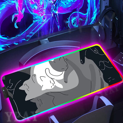 Alfombrilla de ratón RGB con diseño de gato negro, alfombrilla de ratón para juegos con luz LED para PC XXL retroiluminada.