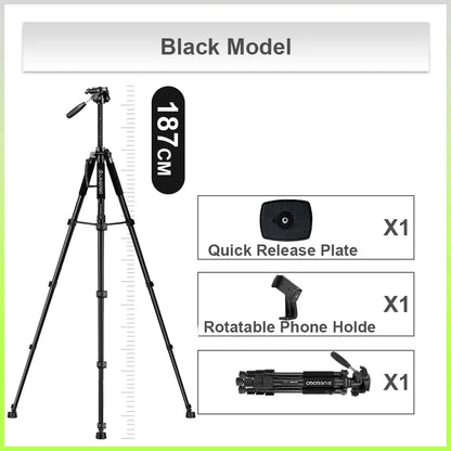 Trípode profesional UEGOGO de altura ajustable con cabezal panorámico de 360° soporta cámaras SLR y teléfonos.