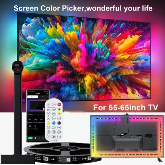 Tira de luces LED inteligentes con retroiluminación sincronizada con música para TV y captación de color, pantalla de 50 a 75 pulgadas, control remoto por aplicación para juegos, luz ambiental para el hogar.