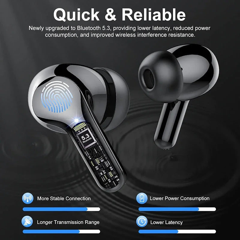 Auriculares inalámbricos estéreo HiFi BT5.3 con cancelación de ruido ENC, pantalla LED de 48 horas y resistencia al agua IP7.