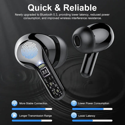 Auriculares inalámbricos estéreo HiFi BT5.3 con cancelación de ruido ENC, pantalla LED de 48 horas y resistencia al agua IP7.