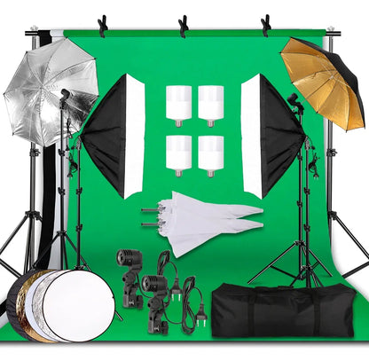 Kit de iluminación para estudio fotográfico con softbox, marco de fondo de 2,6 x 3 m, 3 fondos, trípode, tablero reflector y 4 paraguas.