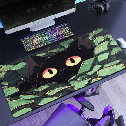 Alfombrilla de ratón con diseño de gato negro en las nubes, estilo kawaii