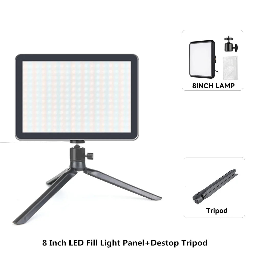 Panel de luz LED para fotografía y video de 8/12 pulgadas, kit de lámpara para estudio fotográfico, transmisión en vivo, grabación y YouTube con trípode.