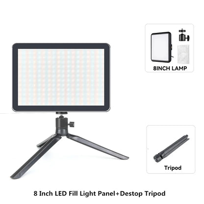 Panel de luz LED para fotografía y video de 8/12 pulgadas, kit de lámpara para estudio fotográfico, transmisión en vivo, grabación y YouTube con trípode.