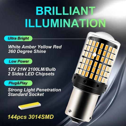 2 bombillas LED (1156) (BA15S) (P21W) (BAU15S) (PY21W) (7440W) (21W) (P21/5W) (1157) (BAY15D) (7443 3157) (144 SMD) Lámpara CanBus, luz de señal de giro de marcha atrás.