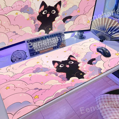 Alfombrilla de ratón con diseño de gato negro en las nubes, estilo kawaii