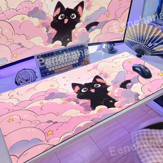 Alfombrilla de ratón con diseño de gato negro en las nubes, estilo kawaii