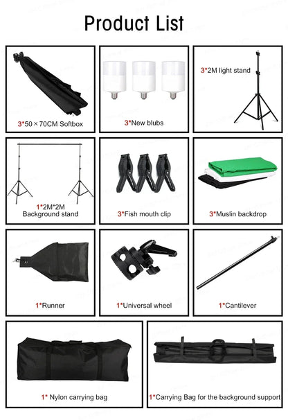 Kit de iluminación para estudio fotográfico con softbox, marco de fondo de 2,6 x 3 m, 3 fondos, trípode, tablero reflector y 4 paraguas.