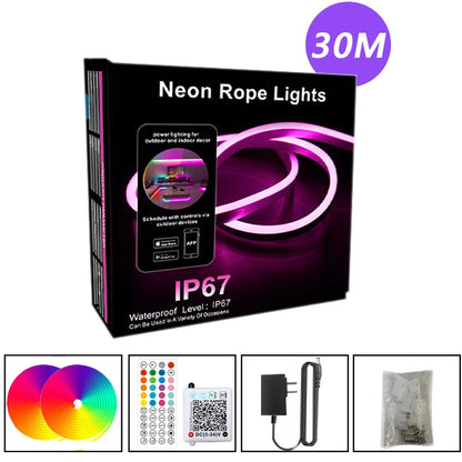 Tira de luz LED de neón RGB 3535 con enchufe europeo, 24 V CC, 5/10/15/20/30 m, sincronización de música por Bluetooth, resistente al agua para decoración de interiores y exteriores