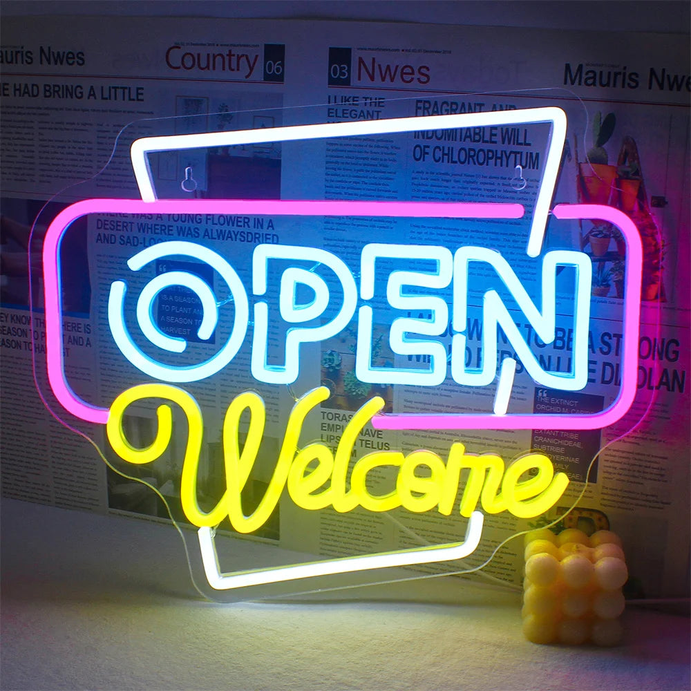Letrero de neón abierto con luces LED para decoración de habitaciones, para negocios, tiendas, clubes, salones, letrero publicitario brillante con alimentación USB, logotipo artístico.