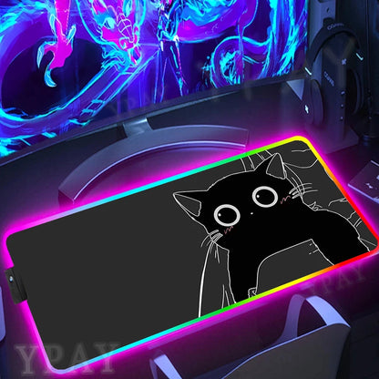 Alfombrilla de ratón RGB con diseño de gato negro, alfombrilla de ratón para juegos con luz LED para PC XXL retroiluminada.