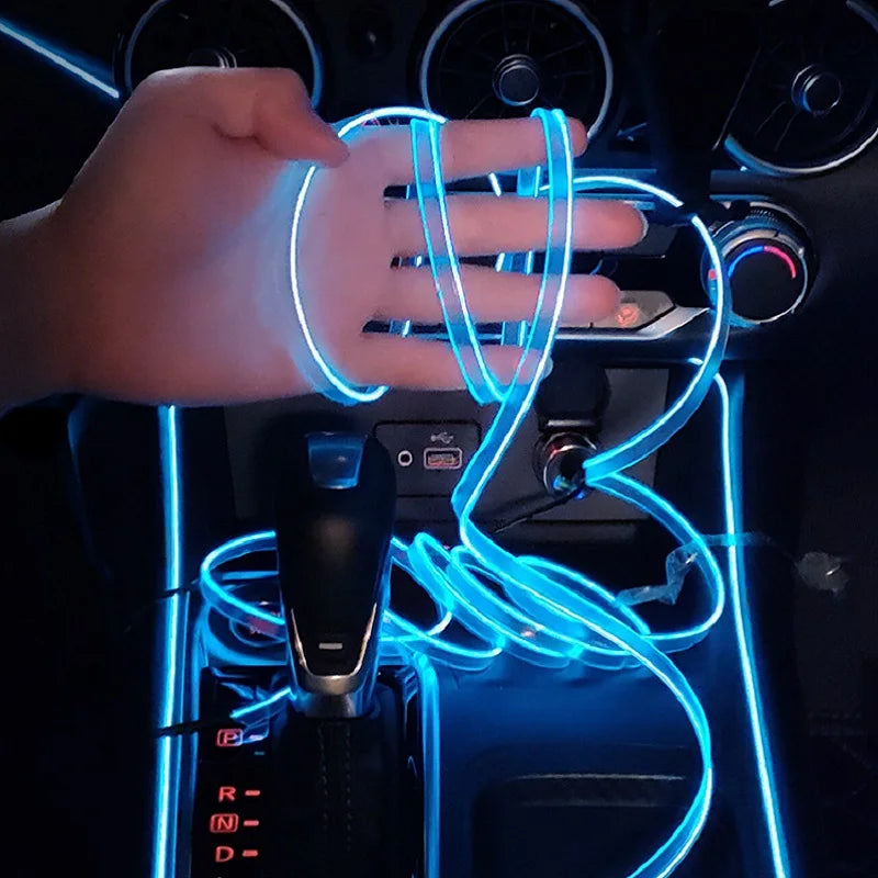 Tira de neón LED decorativa para interior de coche, 10 m, 1 m, 3 m y 5 m. Luz ambiental flexible con cable y alimentación USB, ideal para fiestas y ambientes.