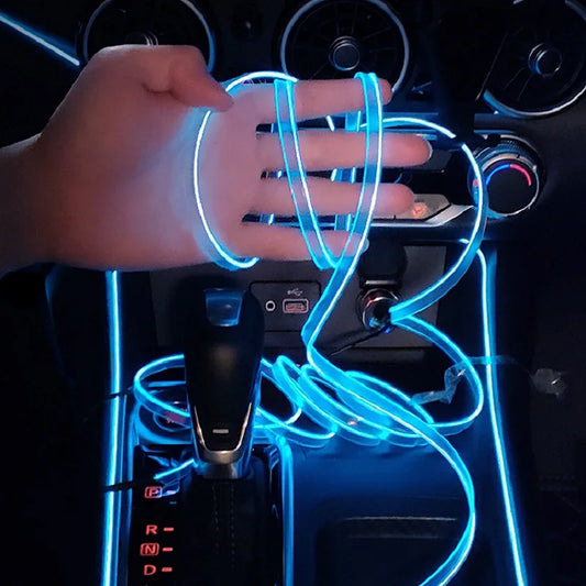 Tira de neón LED decorativa para interior de coche, 10 m, 1 m, 3 m y 5 m. Luz ambiental flexible con cable y alimentación USB, ideal para fiestas y ambientes.
