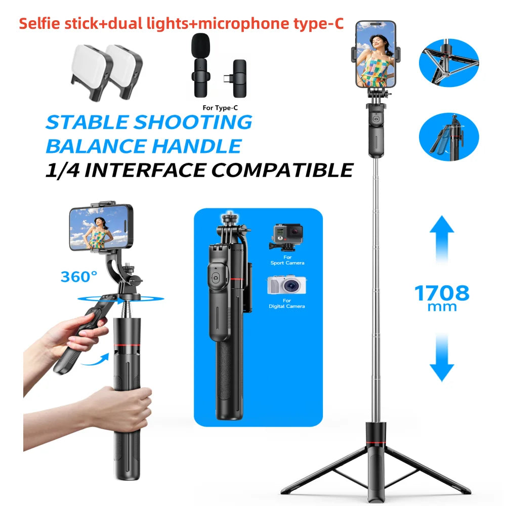 Trípode para selfies MEUYAG con monopié de (1708)mm y control remoto Bluetooth con rotación de 360° e interfaz 1/4 para movil.