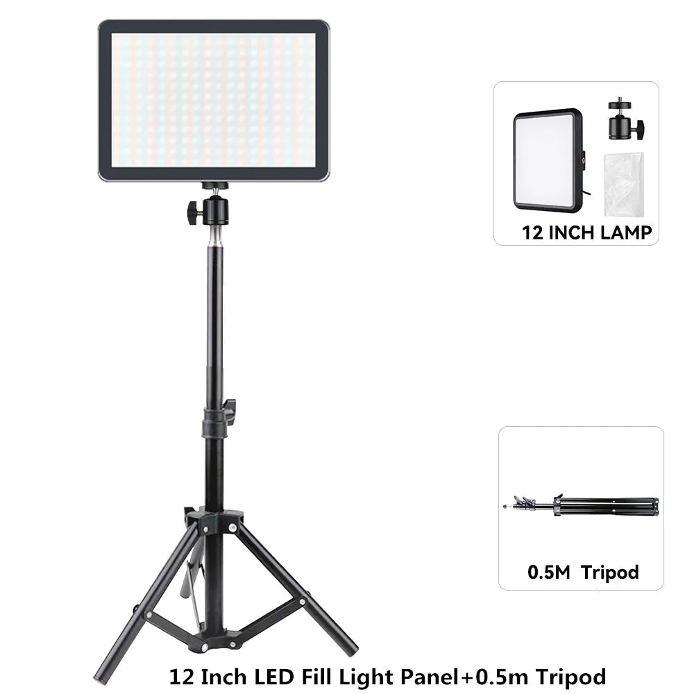 Panel de luz LED para fotografía y video de 8/12 pulgadas, kit de lámpara para estudio fotográfico, transmisión en vivo, grabación y YouTube con trípode.