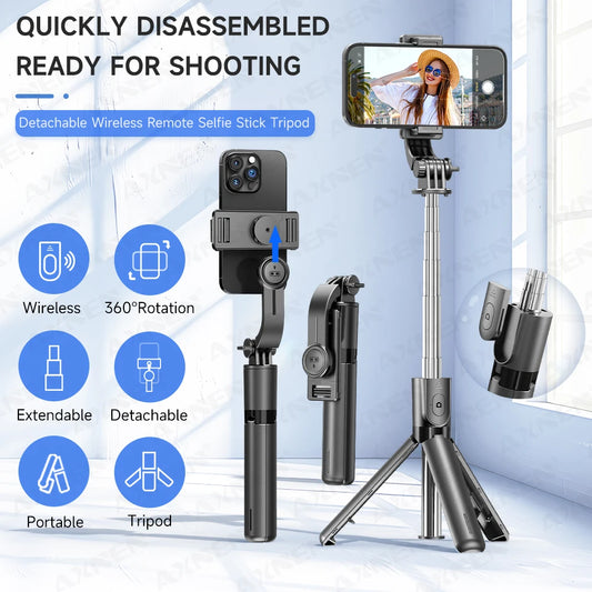 Trípode para selfies con control remoto Bluetooth y rotación de 360° con poste extensible y luz de relleno para iPhone y Android.