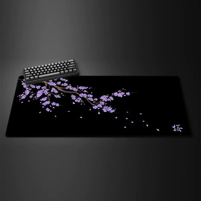 Alfombrilla de ratón Sakura negra, alfombrilla de escritorio morada Kawaii, alfombra de oficina grande, accesorios de flor de cerezo, alfombrillas de ratón para ordenador de juegos.