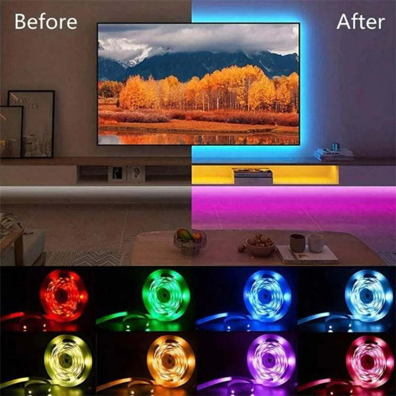 Tira de luces LED Bluetooth SMD 5050 RGB con control remoto por aplicación, cinta de diodos flexible, retroiluminación para TV, sala de juegos y decoración del hogar.