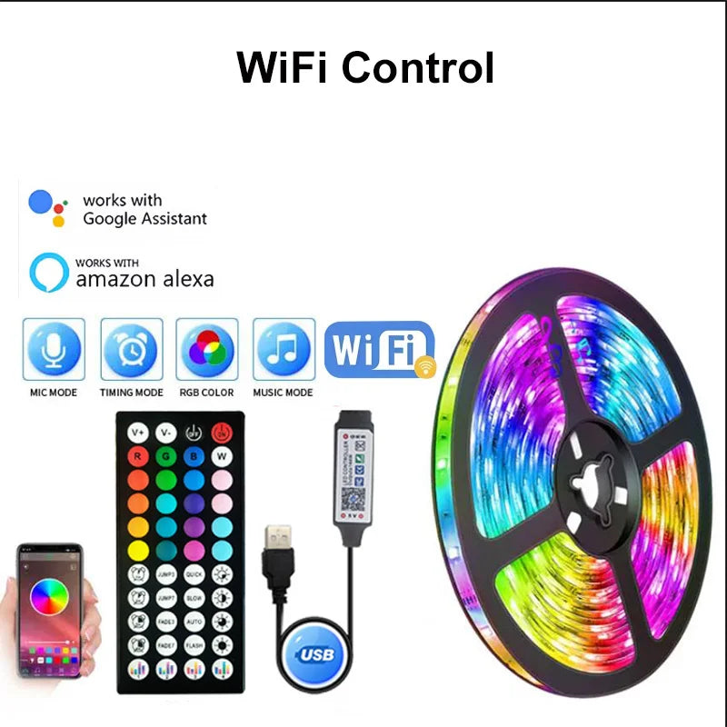 Tira de luces LED Bluetooth SMD 5050 RGB con control remoto por aplicación, cinta de diodos flexible, retroiluminación para TV, sala de juegos y decoración del hogar.