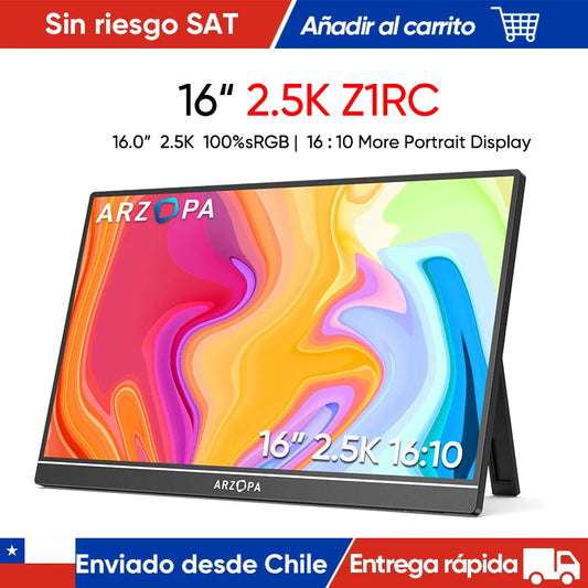 Monitor portátil ARZOPA 2K de 16 pulgadas, pantalla IPS 16:10 con mini HDMI tipo C, segunda pantalla para MAC, portátil, PC, Xbox, PS4, PS5, Switch, Z1RC