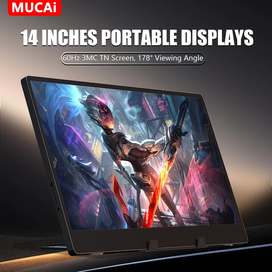 Pantalla portátil MUCAI N140-S36 de 14 pulgadas, 60 Hz, resolución 1366 x 768, panel TN, brillo de 250 cd/m², respuesta de 3 ms.