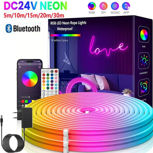 Tira de luz LED de neón RGB 3535 con enchufe europeo, 24 V CC, 5/10/15/20/30 m, sincronización de música por Bluetooth, resistente al agua para decoración de interiores y exteriores