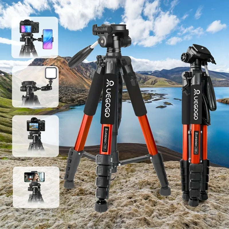 Trípode profesional UEGOGO de altura ajustable con cabezal panorámico de 360° soporta cámaras SLR y teléfonos.
