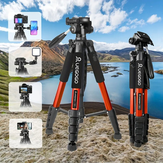 Trípode profesional UEGOGO de altura ajustable con cabezal panorámico de 360° soporta cámaras SLR y teléfonos.
