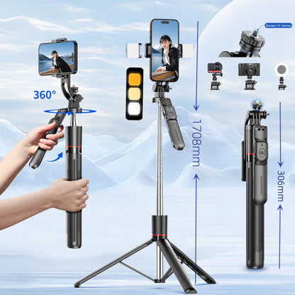 Trípode para selfies MEUYAG con monopié de (1708)mm y control remoto Bluetooth con rotación de 360° e interfaz 1/4 para movil.